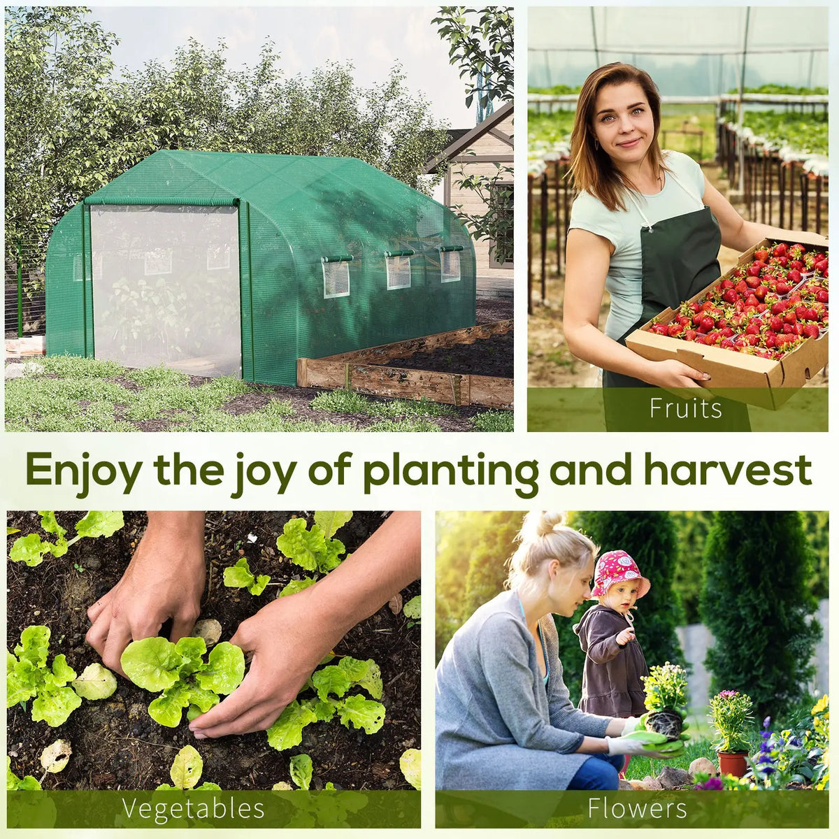 Walk-in Polytunnel Greenhouse with Roll-Up Door and 6 Windows, 3.5 x 3 x 2m, Green