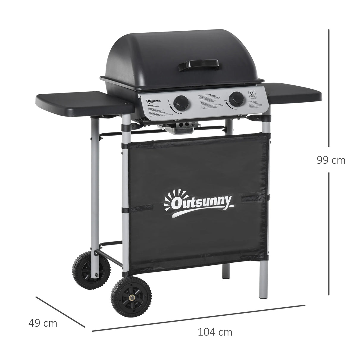 2 Burner Propane Gas BBQ Grill 5.6kW with Folding Side Shelves and Wheels