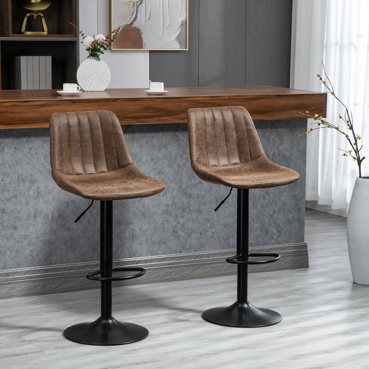 Set of 2 Microfibre Retro Tub Bar Stools with Footrest, Metal Frame, Brown