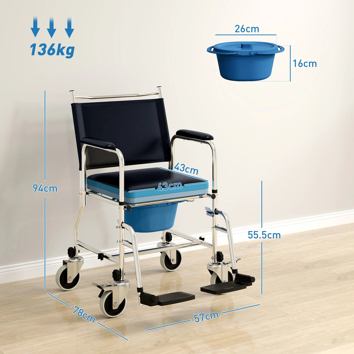 Shower Wheelchair, Commode Wheeled Chair with Padded Seat, Backrest