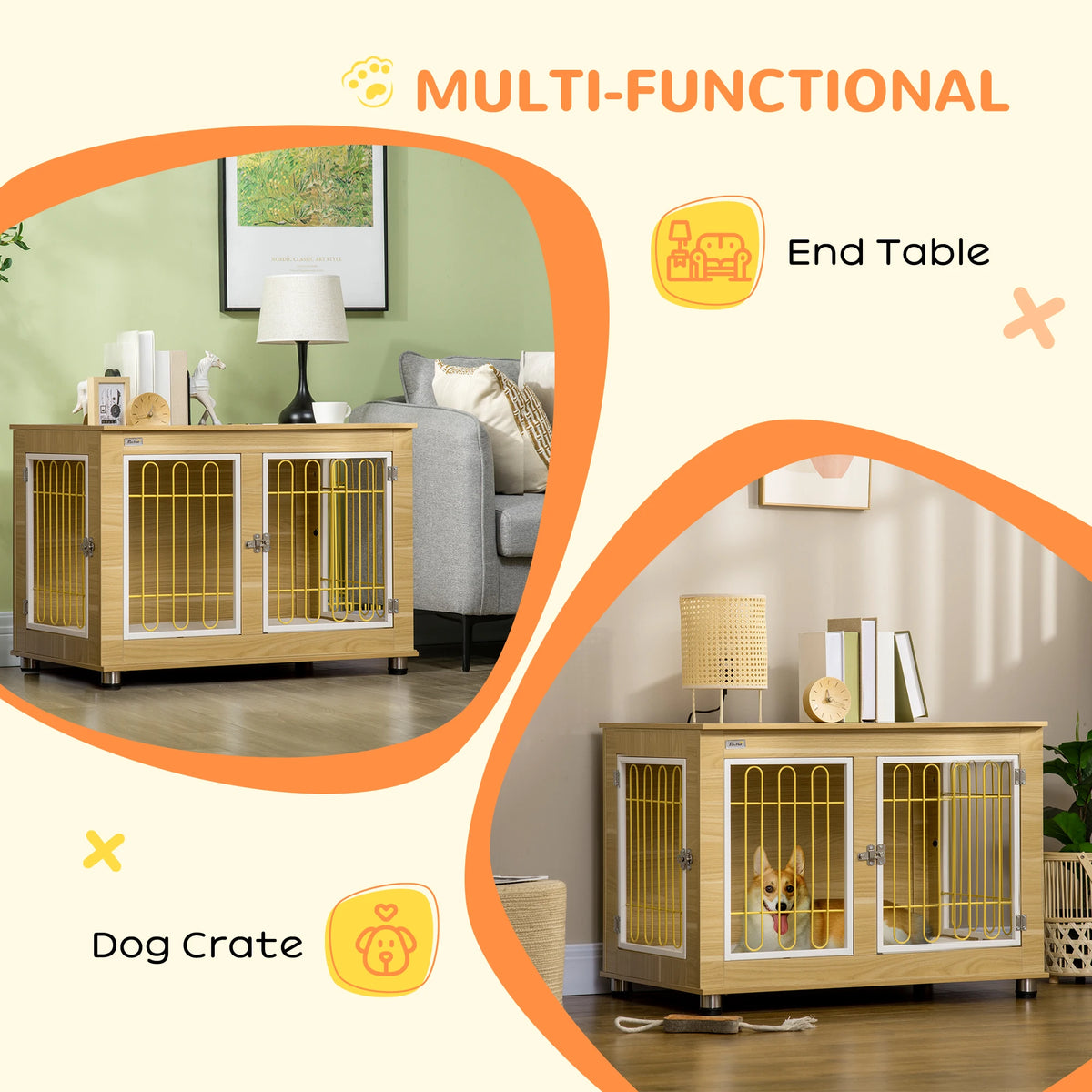 Dog Crate Furniture, Dog Crate End Table w/ Soft Cushion, Double Door