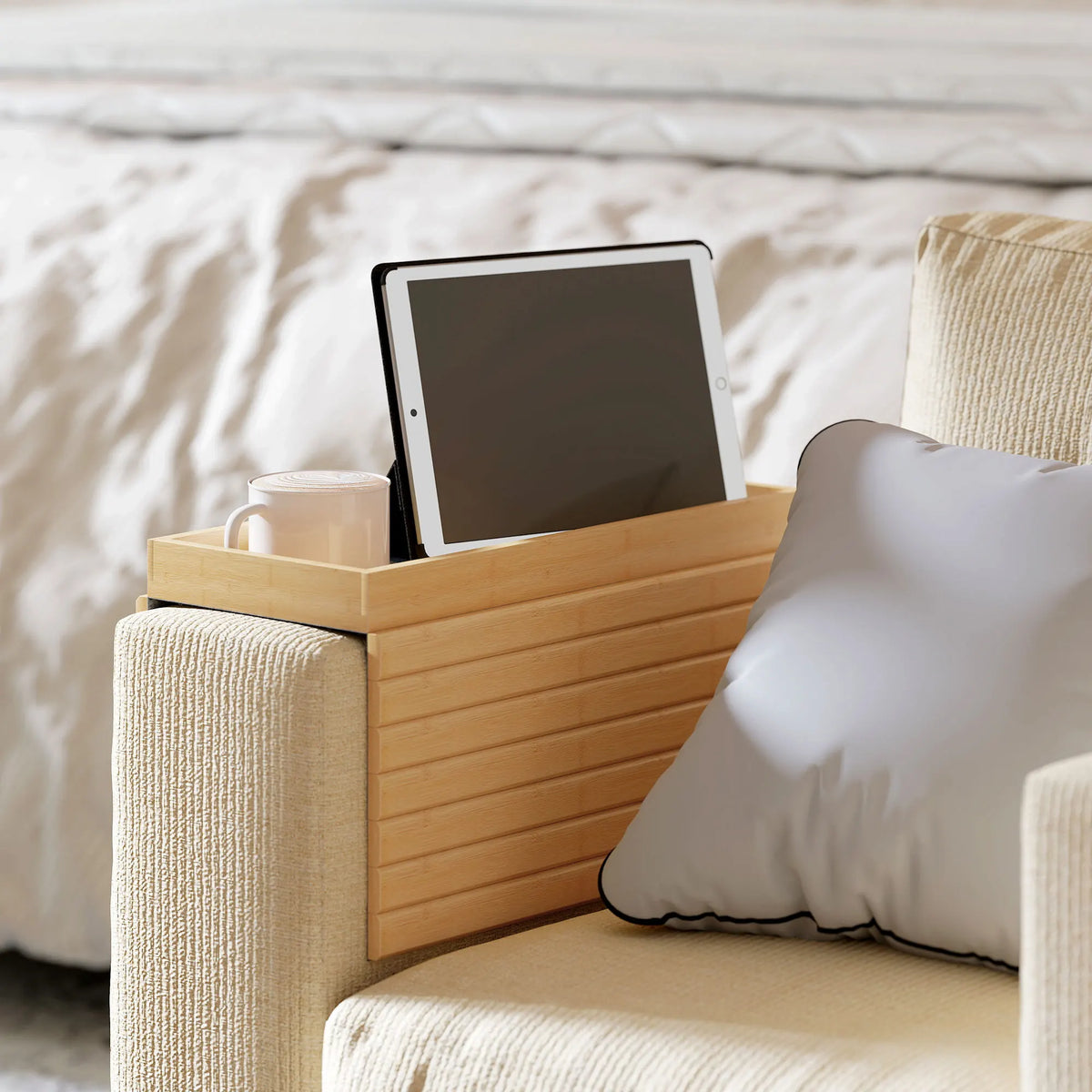 Bamboo Sofa Arm Tray, Roll-Up Armrest Table, Natural