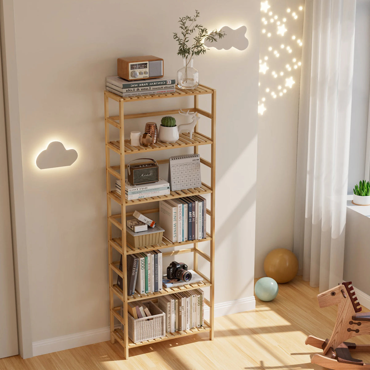 6-Tier Bamboo Bookshelf and Flower Rack with Adjustable DIY Shelves | Freestanding Natural Wood Display Unit