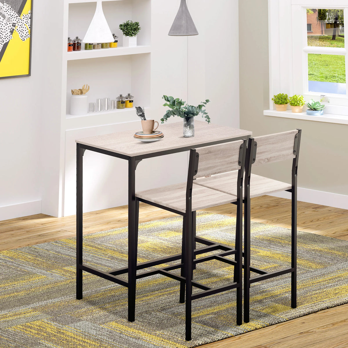 3 Pack Table Stool Set Industrial Design w/ Metal Frame Oak Tone MDF Panels