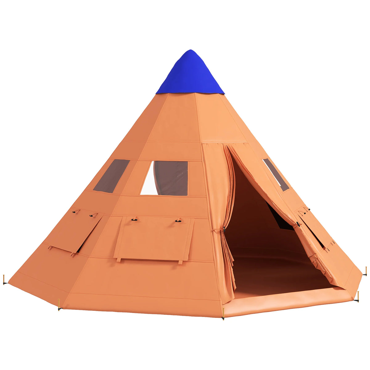 6 Person Tipi Tent with Mesh Windows and Zipped Door, Orange