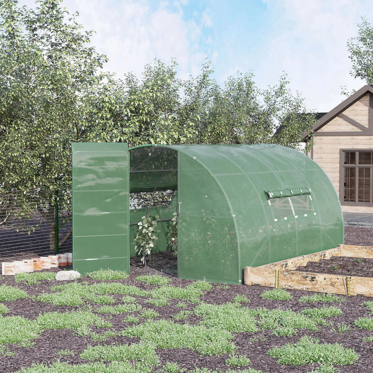 Reinforced Walk-In Polytunnel Greenhouse with Door and Mesh Windows, 4 x 3m