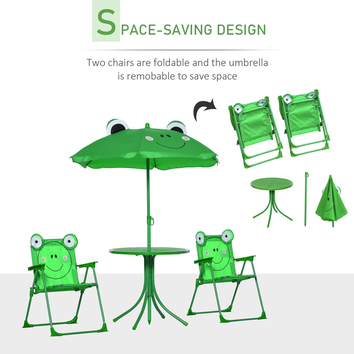 Kids Folding Picnic Table and Chair Set with Parasol Frog Design 2 Deck Chairs Metal Frame Green