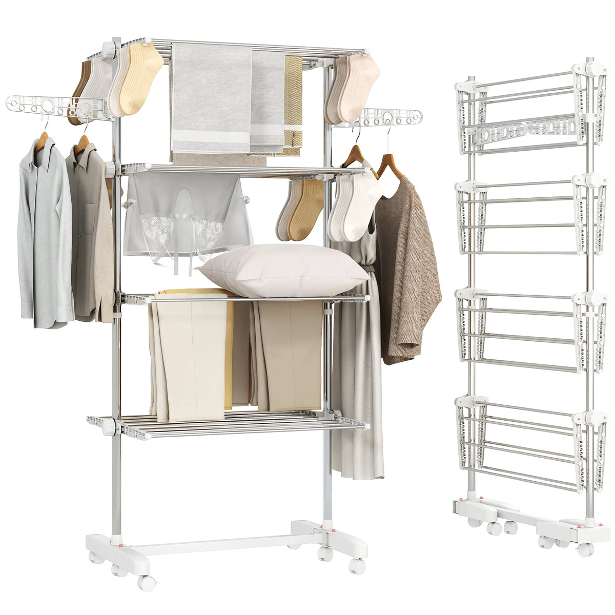 4 Tier Winged Clothes Drying Rack with Wheels, Foldable Clothes Airer, White