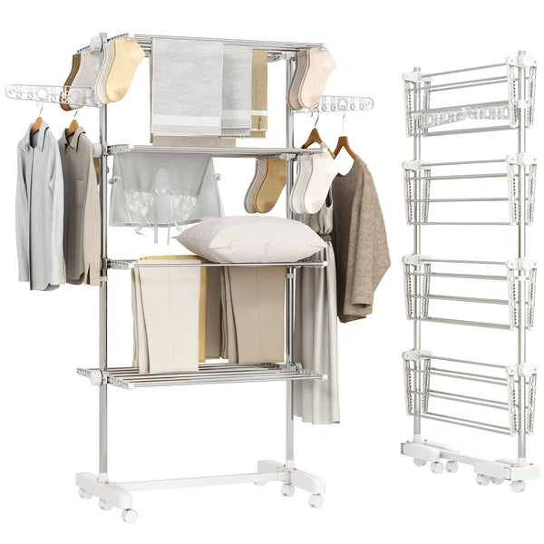 4 Tier Winged Clothes Drying Rack with Wheels, Foldable Clothes Airer, White