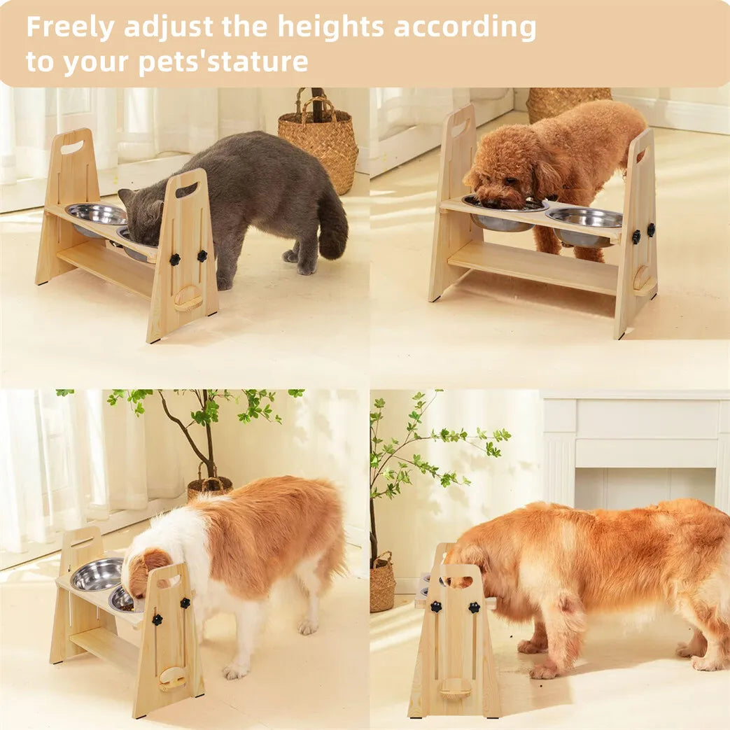Height Adjustable Elevated Dog Bowl Stand Pine Wood 2 Stainless Steel Bowls 43x24.5x40.5cm