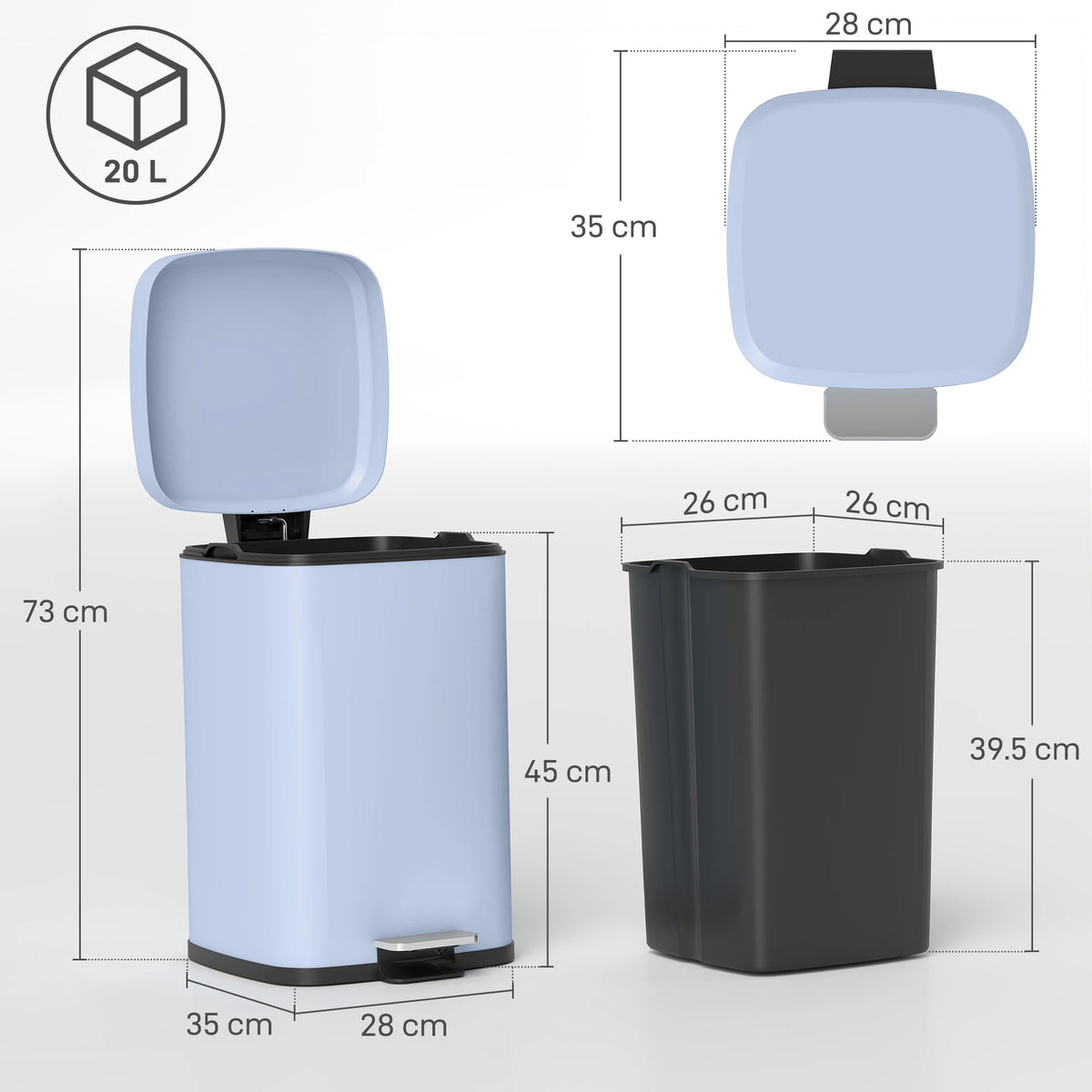 20L Kitchen Pedal Bin, Metal Rubbish Bin with Soft-close Lid, Light Blue
