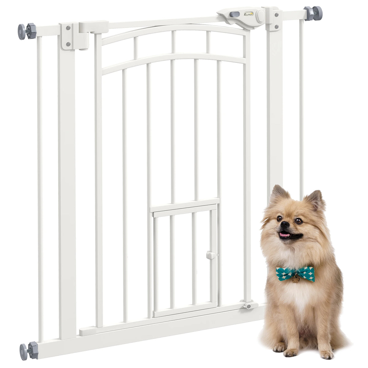 Pressure-Fit Pet Gate with Small Cat Door and Double Lock, 74–80cm, White