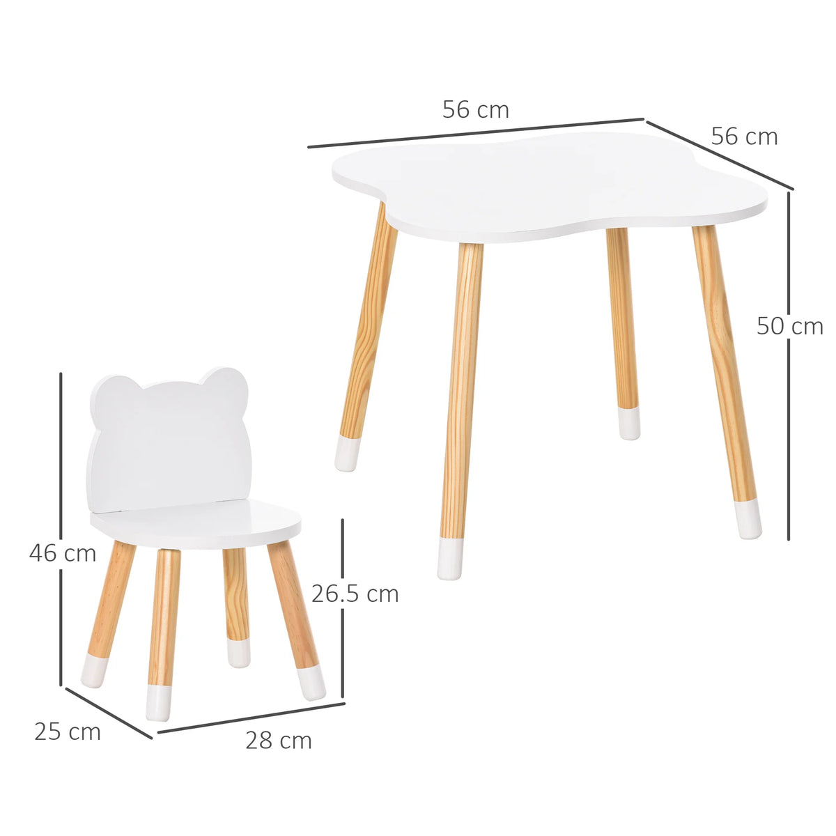 3 Piece Kids Table and Chair Set with 2 Bear Shaped Chairs MDF Solid Pine Legs Wipe Clean White