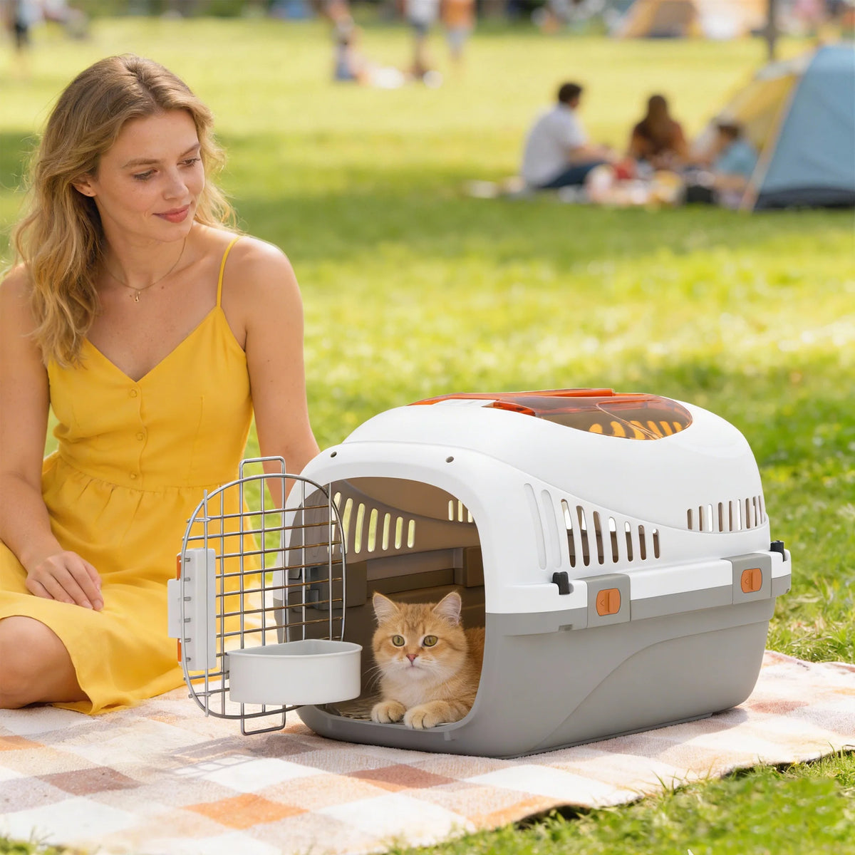 Hard Shell Pet Carrier 49x32x31cm Top Load Cat Carrier with Triple Lock Hanging Bowl and Vents