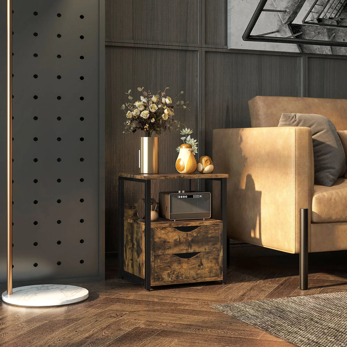 End Table Bedside Desk Slim Storage Cabinet with Shelf, Rustic Brown