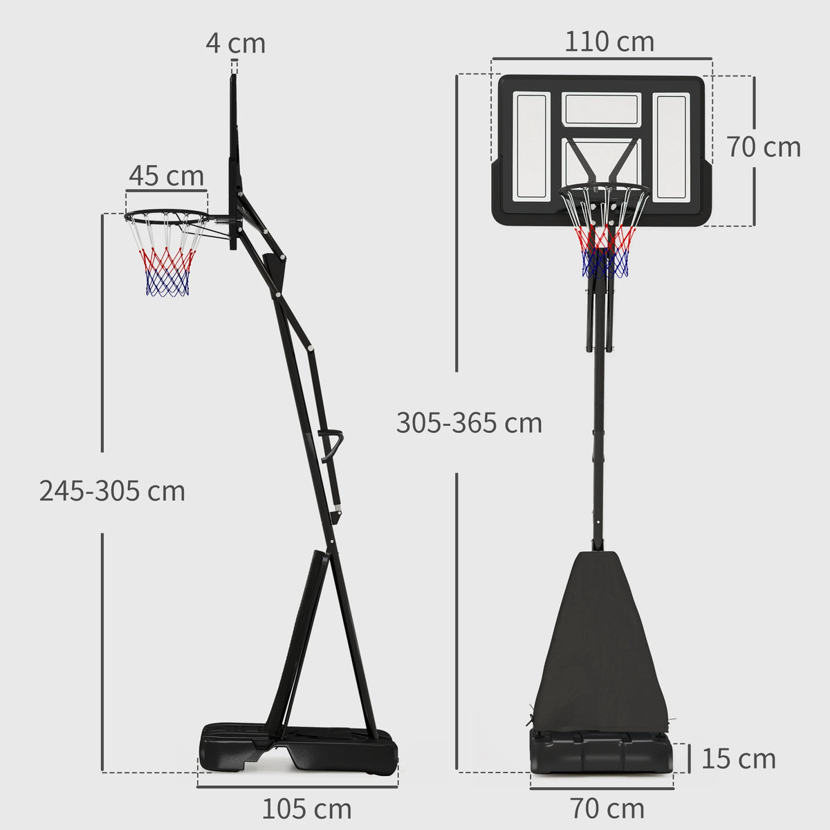 Basketball Hoop Outdoor, Height Adjustable, Rebound System, Weighted Base, Portable, Wheels, 2.45-3.05m, Black