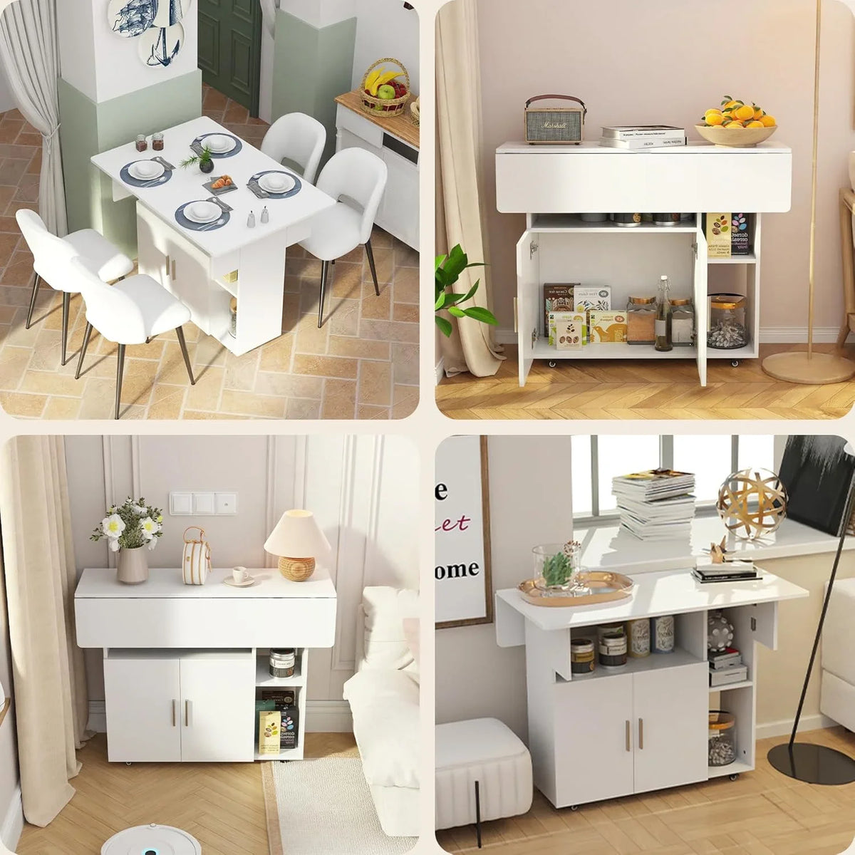 Folding Dining Table on Wheels with Cabinet and Open Shelf | 100cm Mobile Multipurpose Table in White