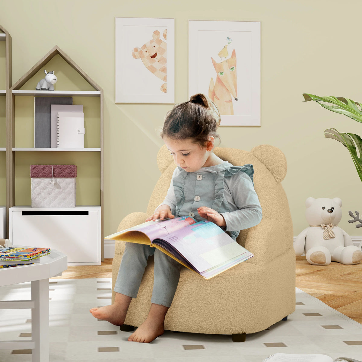 Kids Bear Shaped Armchair 52x48x59cm Teddy Fleece Toddler Chair with Ears for Ages 18 Months to 3 Years