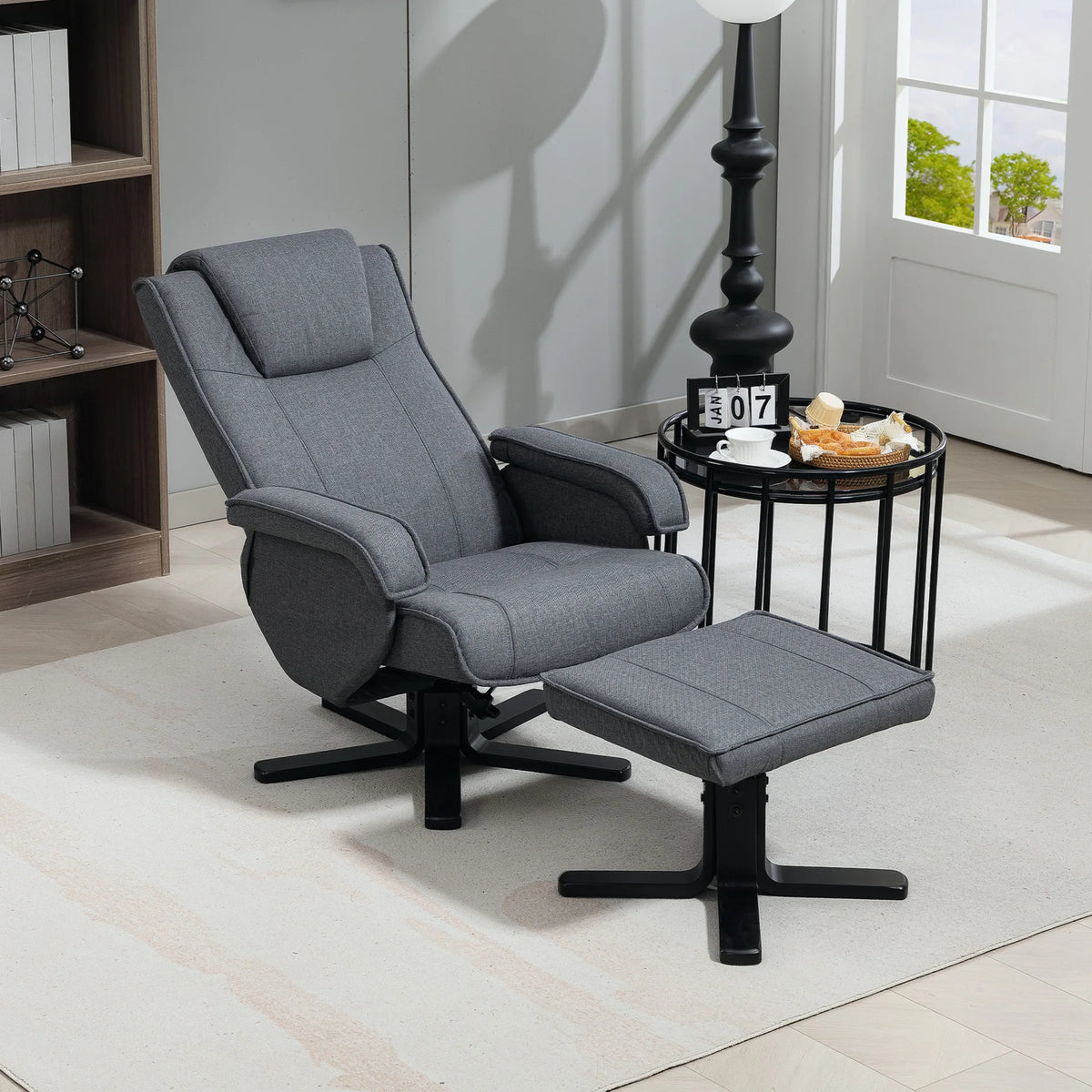Swivel Recliner Armchair with Footstool, Linen-Look Fabric, Charcoal Grey