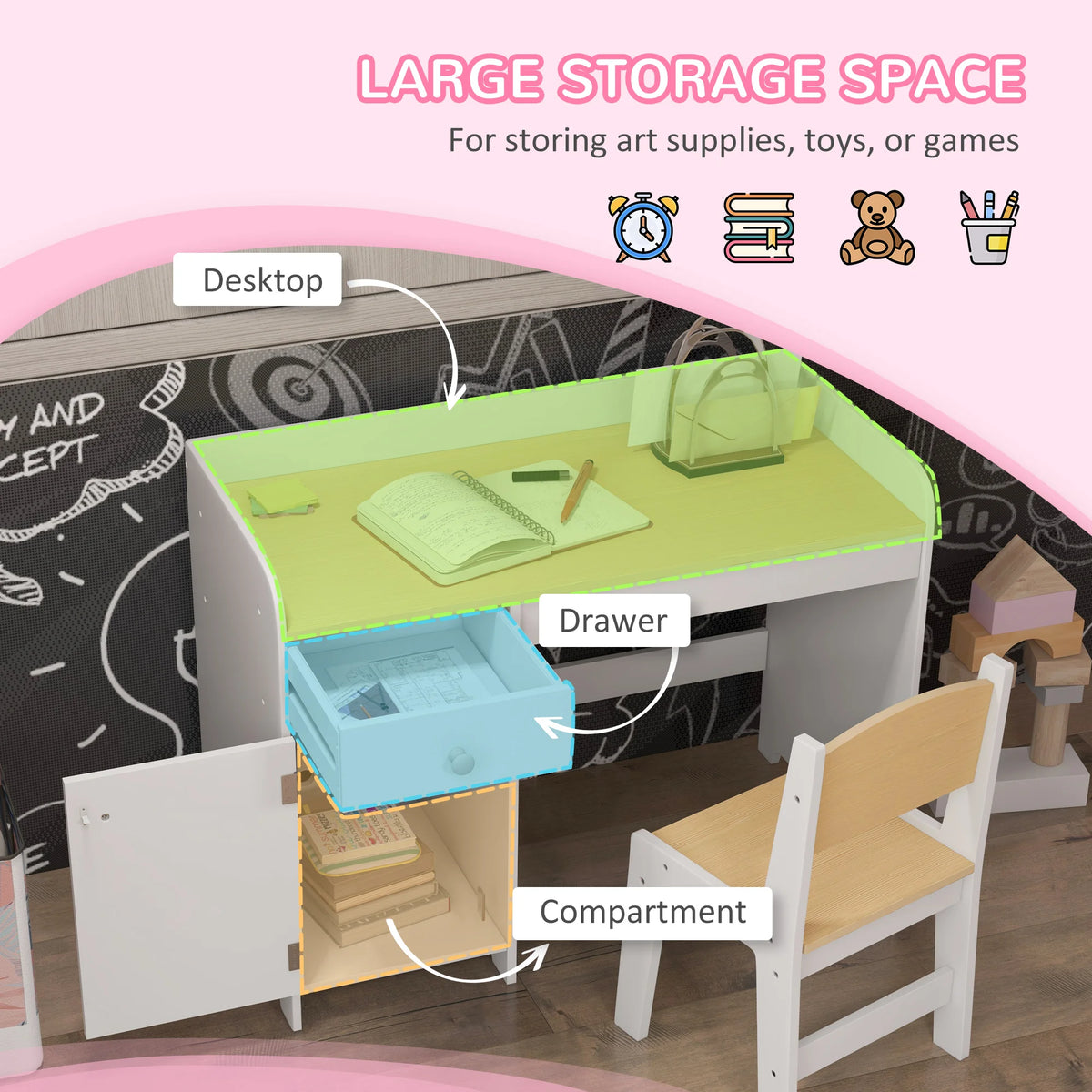 Kids Desk and Chair Set 80x39x59cm with Storage Drawer and Compartment MDF Rounded Edges Ages 3-6 White