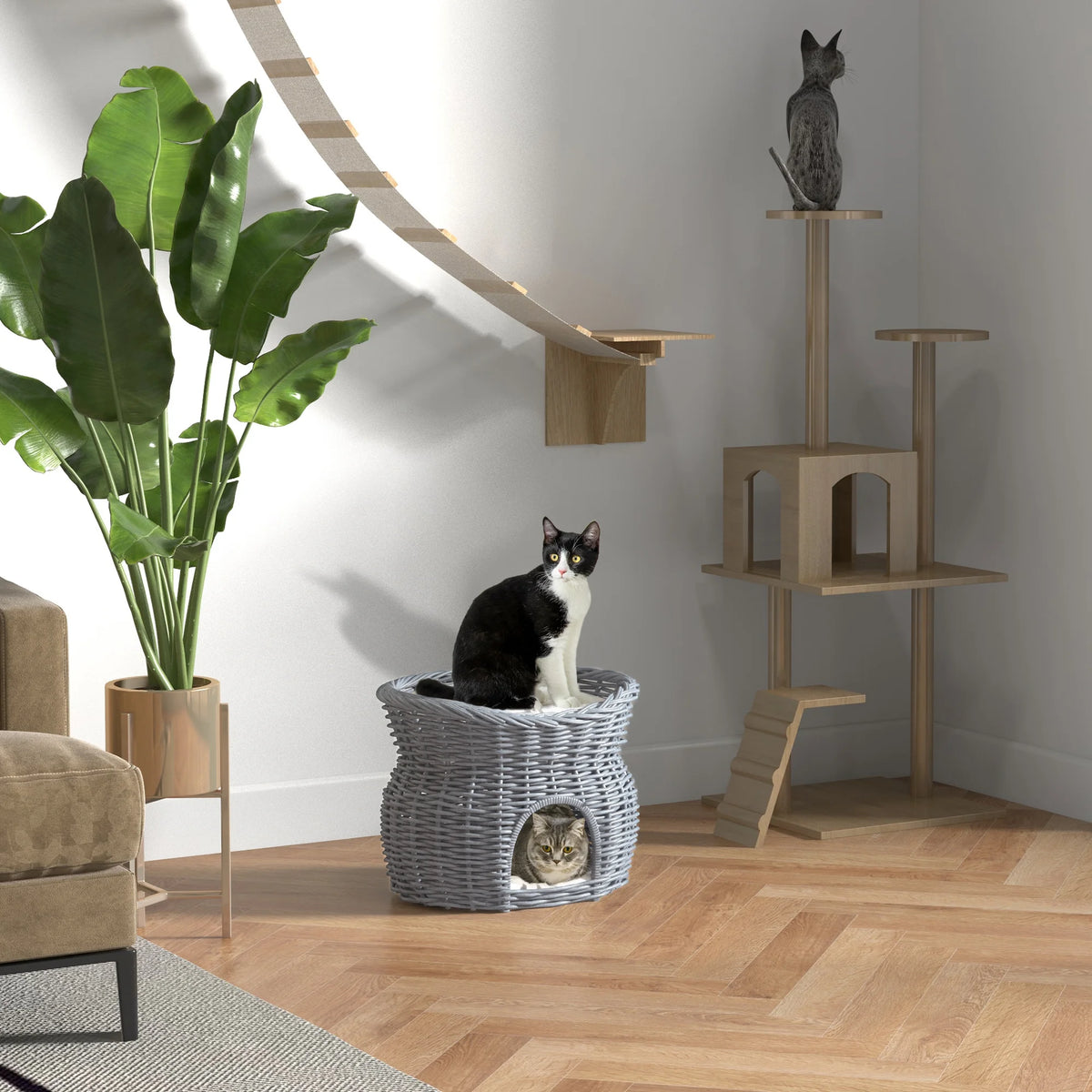 2 Tier Elevated Wicker Cat House with Cushion Willow Basket Condo Open Lounging Bed and Wide Entrance