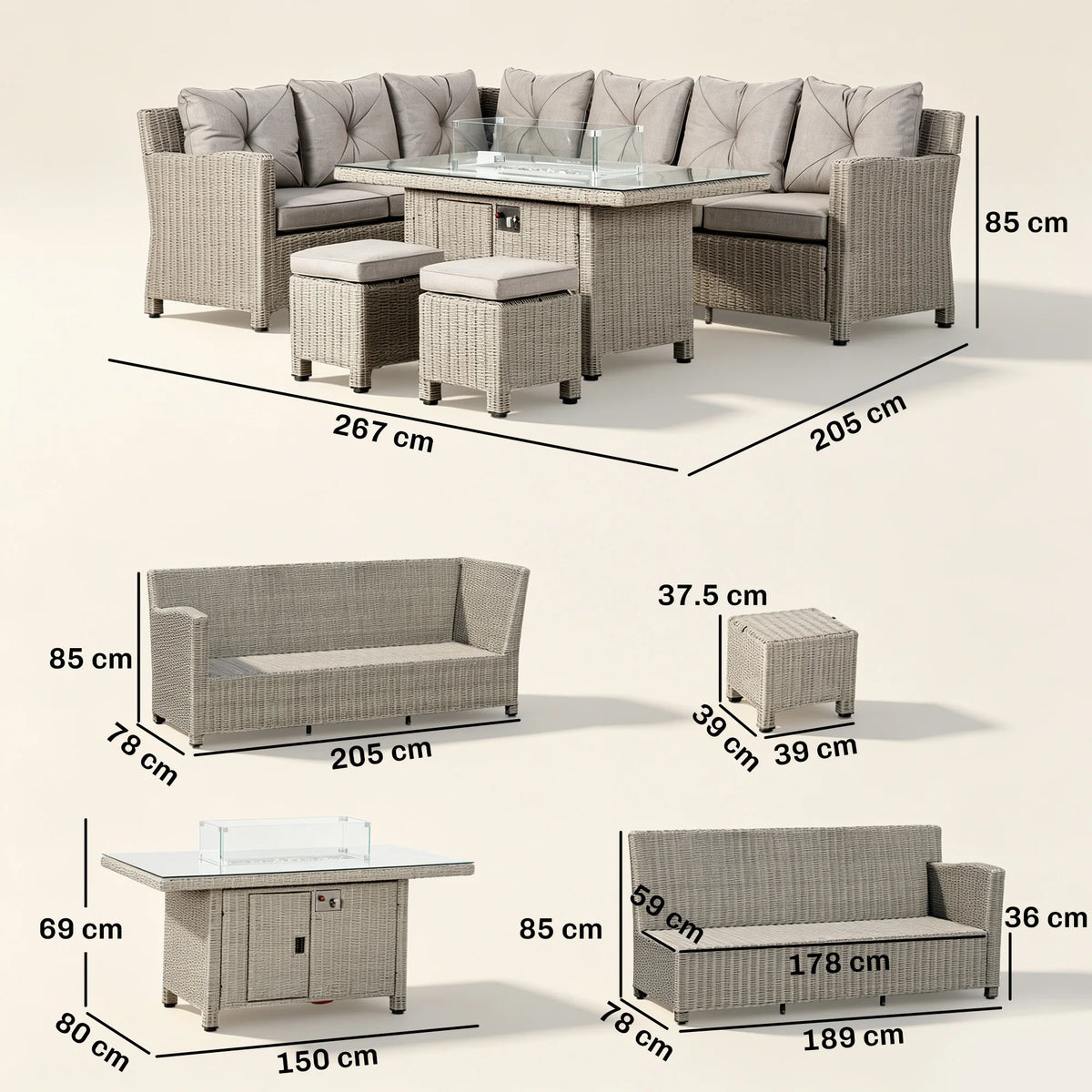 5 PCs Outdoor Rattan Corner Dining Set with Footstools and Gas Fire Pit Table