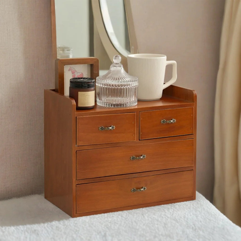 Vintage Bamboo Desktop 4 Drawer Storage Cabinet Cosmetics Organiser Box for Bedroom Vanity Home Office