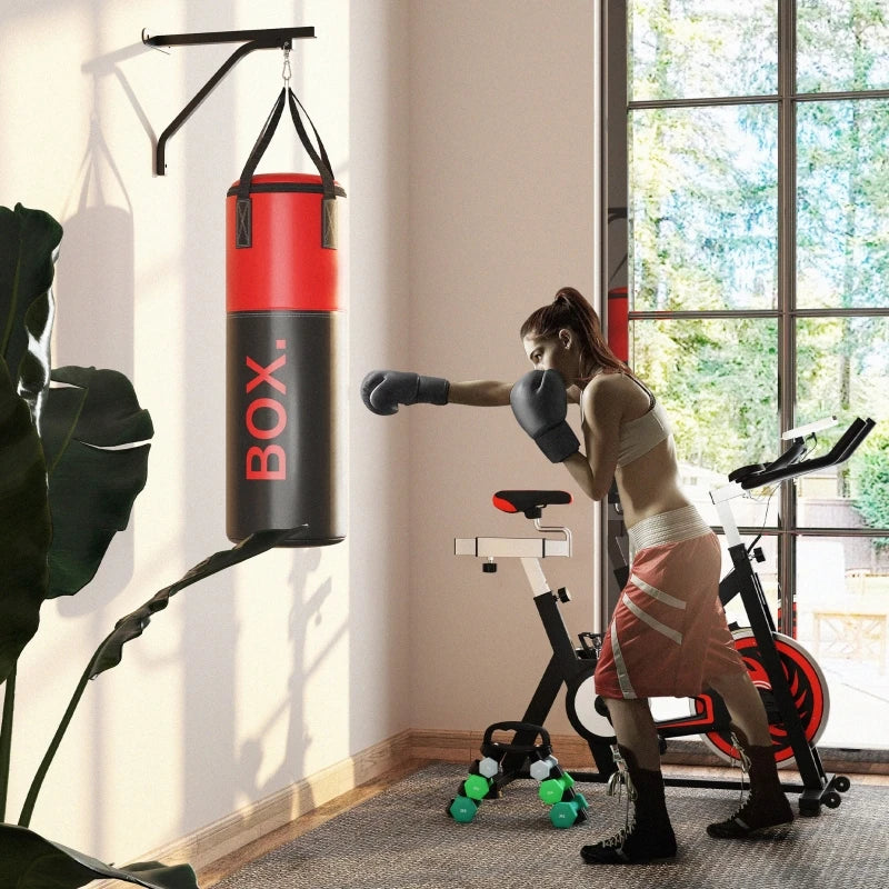 Unfilled Punching Bag Set with Wall Bracket Boxing Gloves Hand Wraps 360° Swivel Hook 90cm for Home Training