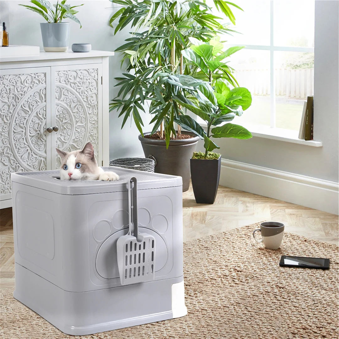 Enclosed Cat Litter Box Foldable 50x38x37cm Front Entry Top Exit Drawer Massager Scoop Grey White