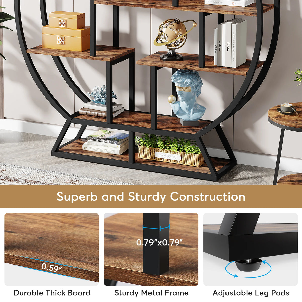 63 Inch Round Industrial Bookshelf with 14 Staggered Shelves | Rustic Brown and Black Etagere Bookcase