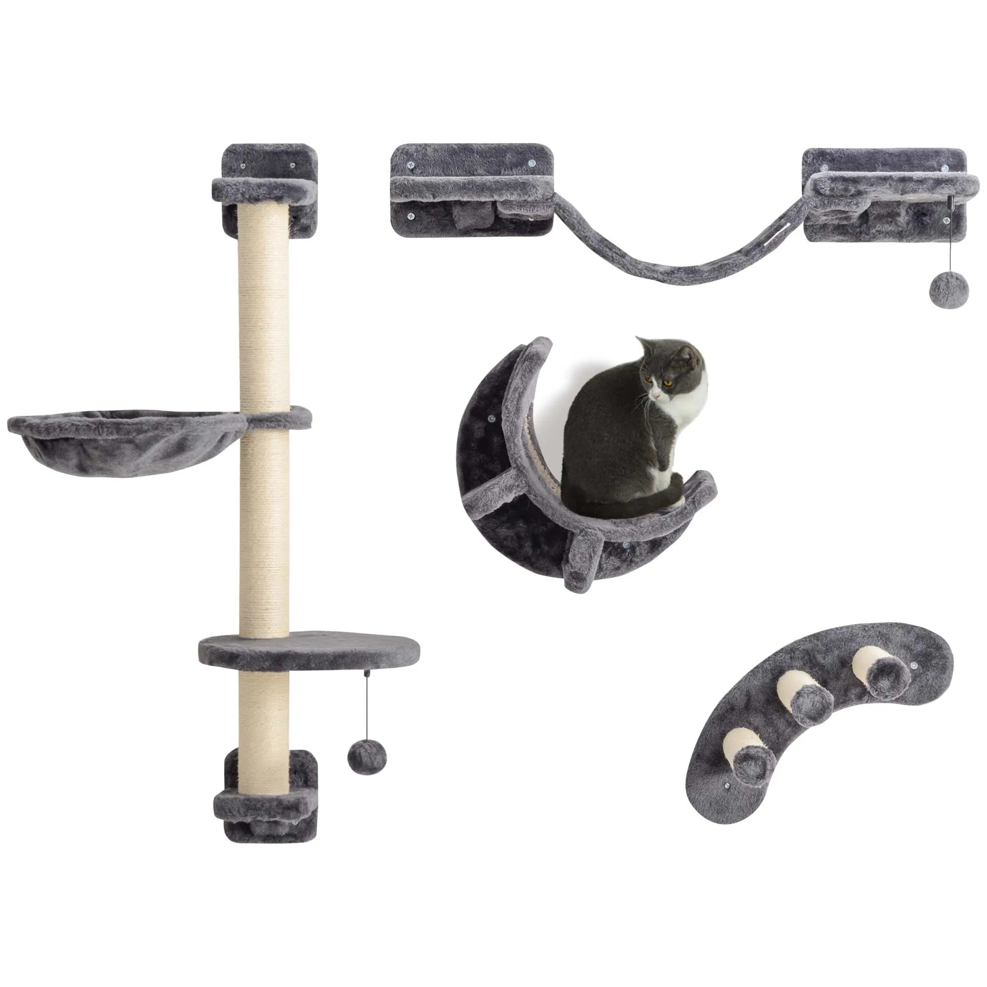 4 Piece Cat Wall Furniture Set with Hammock Ladder and Platforms Wall Mounted Cat Shelf Dark Grey