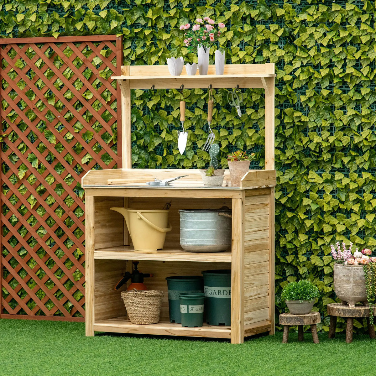 Garden Potting Bench Table Workstation W/ Galvanized Tabletop, Storage Shelves