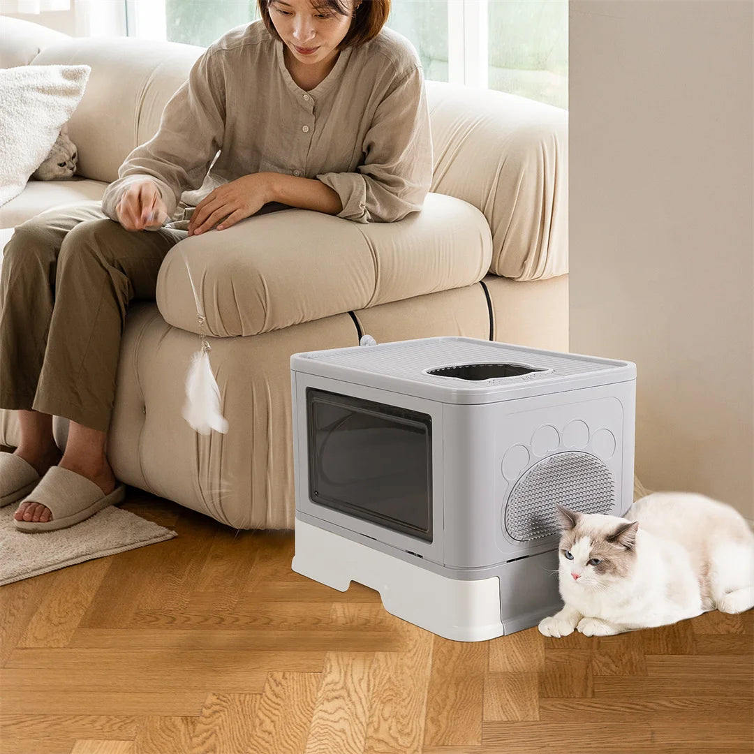 Enclosed Cat Litter Box Foldable 50x38x37cm Front Entry Top Exit Drawer Massager Scoop Grey White