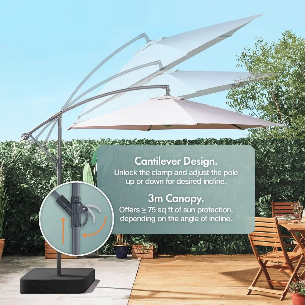 3m Cantilever Banana Parasol with Hand Crank, Tilt & Rotate, Grey Canopy