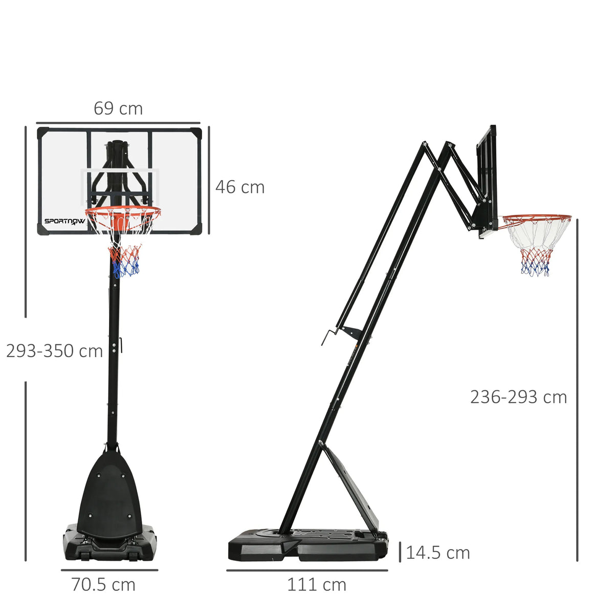 Basketball Hoop Outdoor, Height Adjustable, Weighted Base, Portable, Wheels, 2.4-2.9m, Black