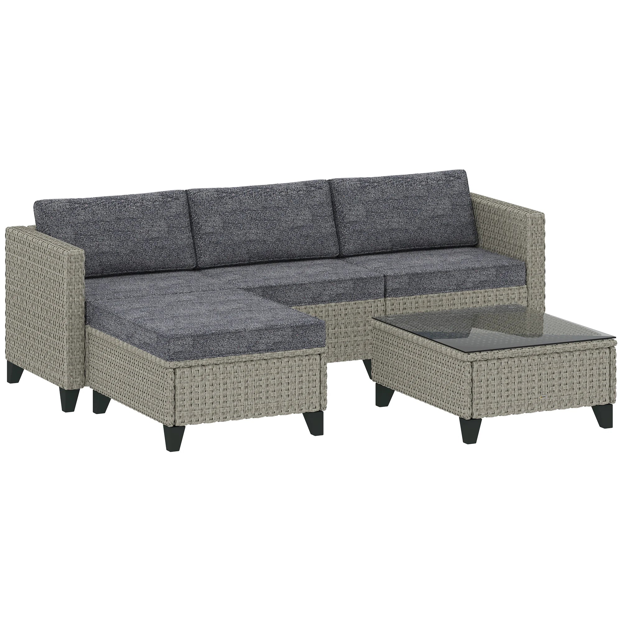 5-Piece Rattan Patio Corner Sofa Set with Footstool and Glass Coffee Table