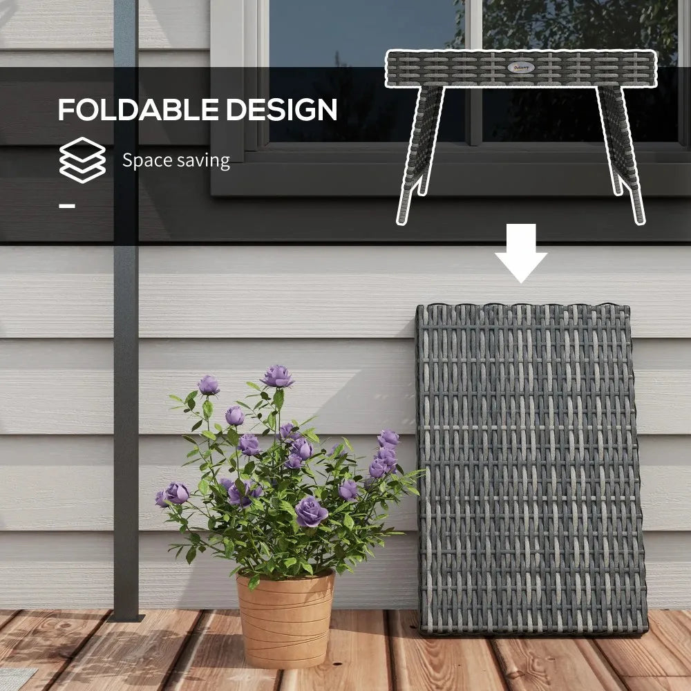 Foldable Rattan Garden Side Table 60x41x41cm Steel Frame 30kg Capacity Space Saving for Patio Balcony Mixed Grey