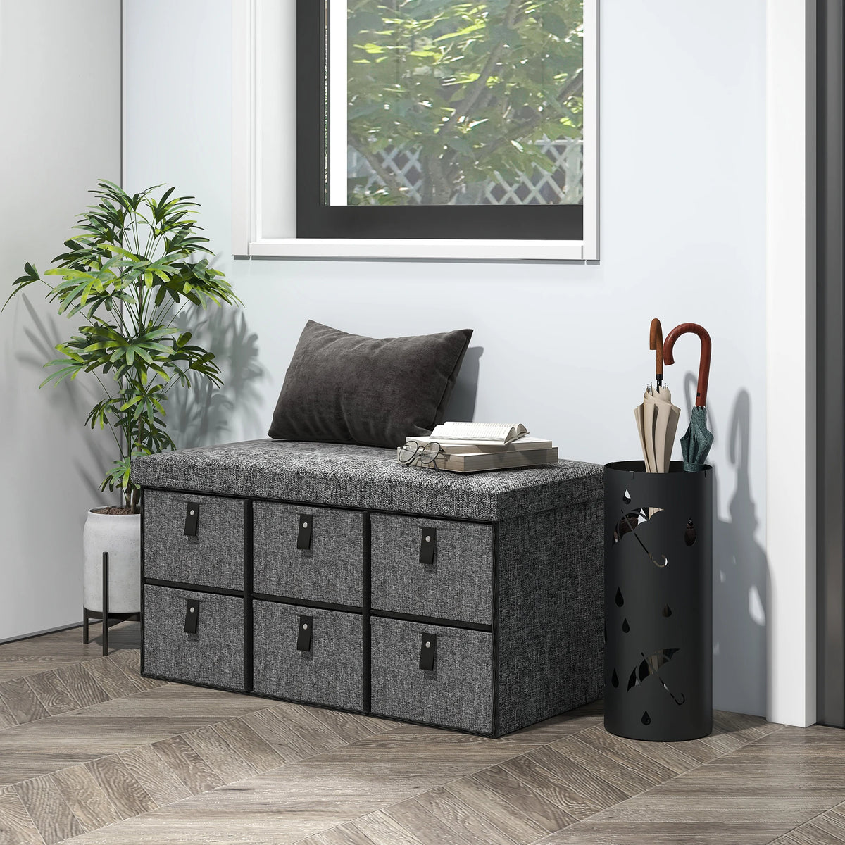 Shoe Bench with 6 Fabric Drawers Padded Seat 76.5x38x38cm Linen Look MDF 120kg Capacity Dark Grey