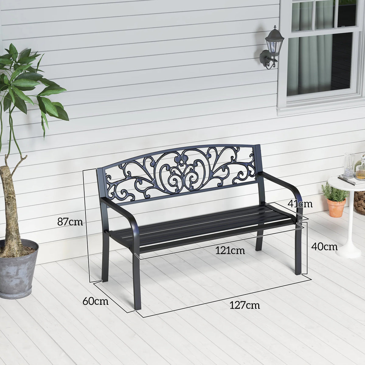2 Seater Metal Garden Bench with Floral Backrest, Powder Coated Steel, Black