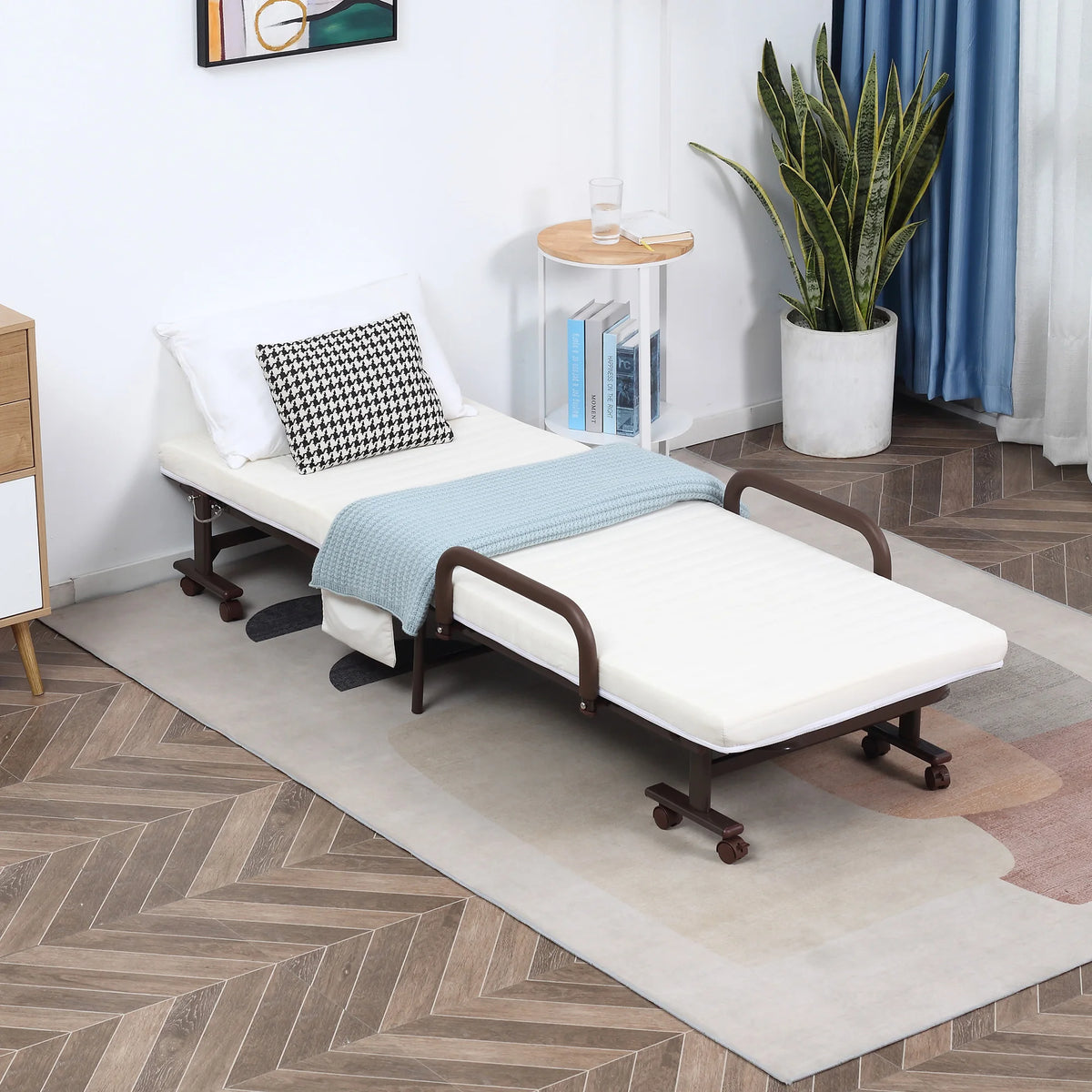 Folding Guest Bed with 8cm Mattress and Adjustable Backrest, Single 190 x 76 cm, on Wheels