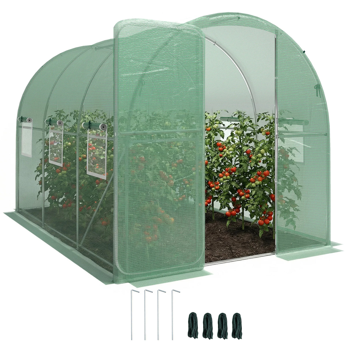 2 x 3m Walk-In Polytunnel Greenhouse with Hinged Door and Mesh Windows, Green