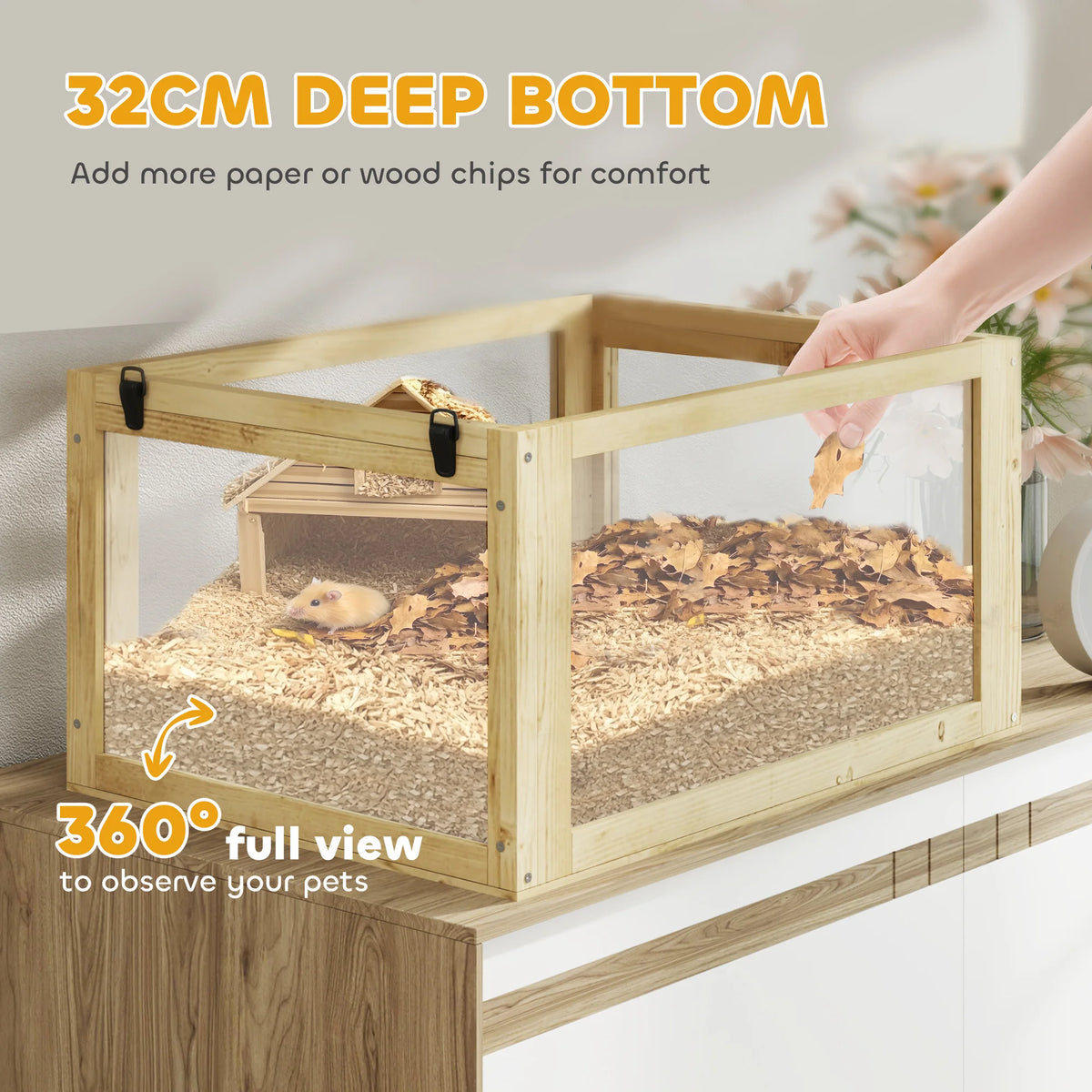 Wooden Hamster Cage, 3 Tier Gerbil Cage with Detachable 32cm Deep Bottom, Hut, Seesaw, Ramps, Natural Wood Finish