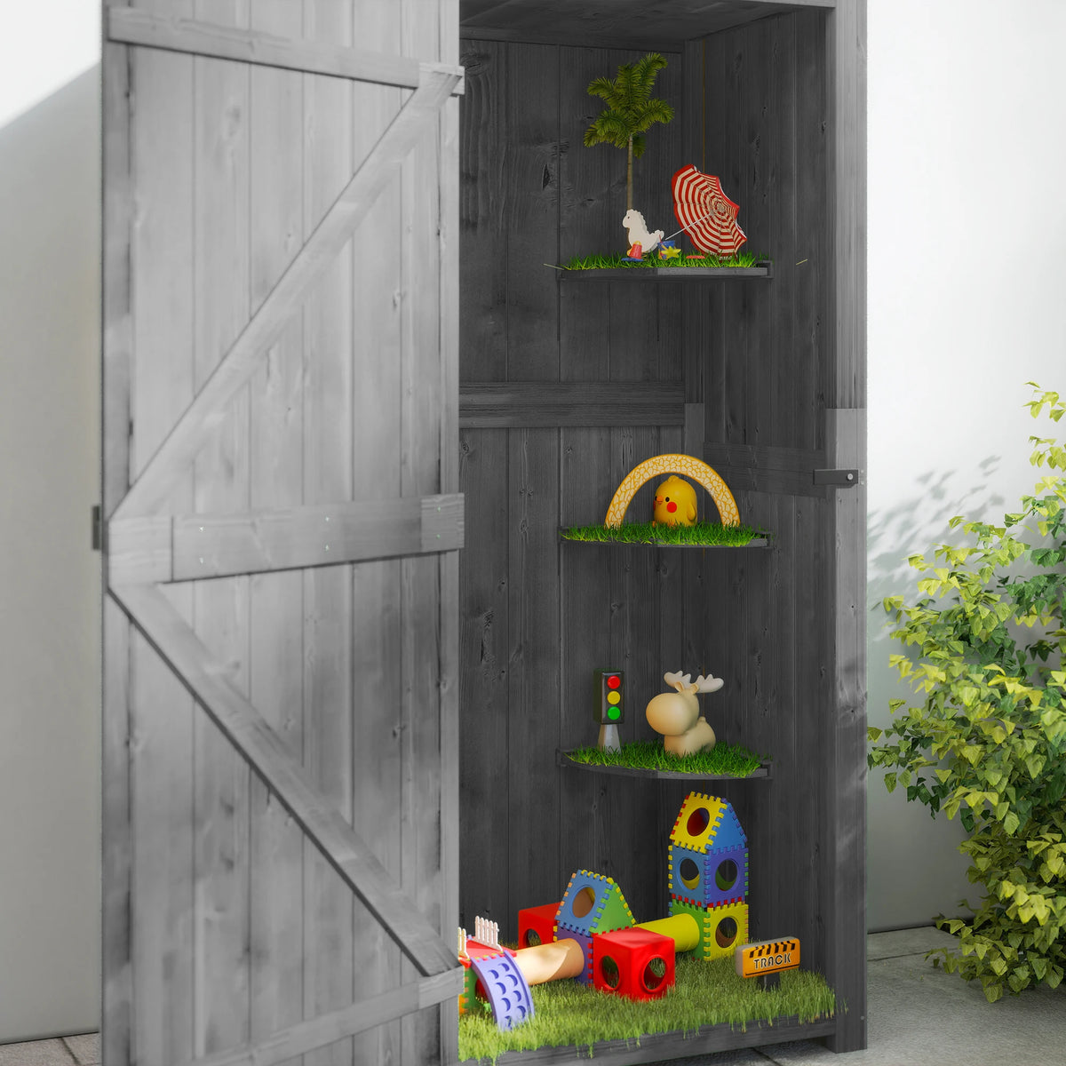 Wooden Garden Storage Shed with 3 Shelves and Asphalt Roof, 77 x 54 x 179cm, Grey