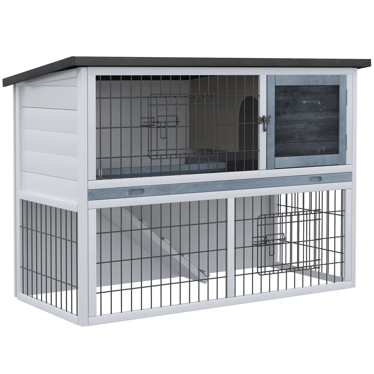 2 Tier Rabbit Hutch 108x45x78cm Fir Wood Guinea Pig Cage with Ramp Removable Tray and Openable Roof Grey