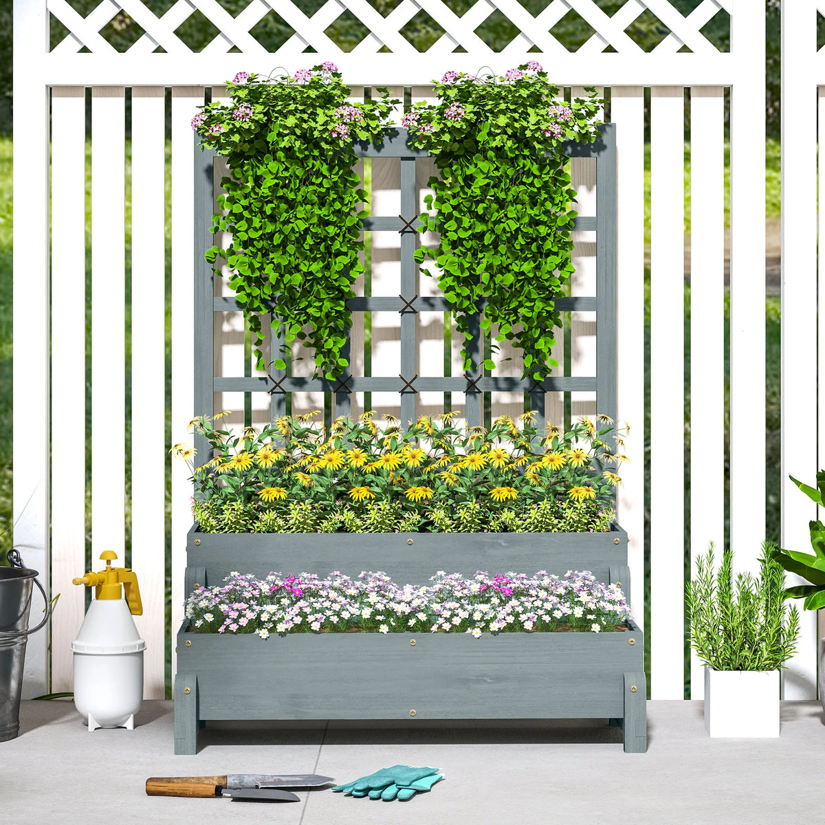 2-Tier Wooden Raised Flower Bed with Trellis and Drainage Holes, Grey