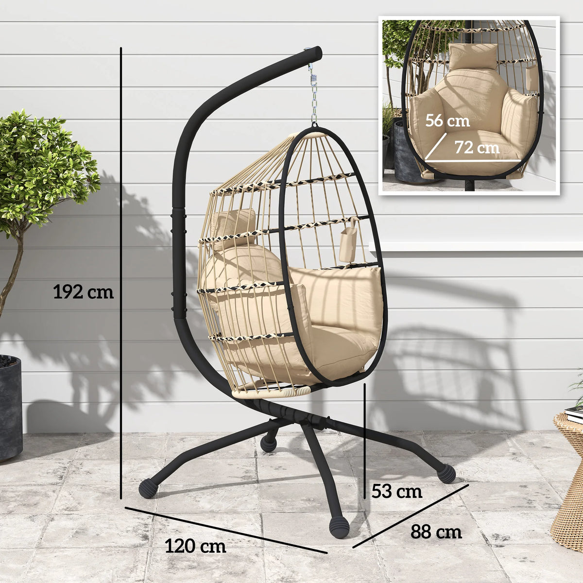 Hanging Egg Chair with Stand, Cup Holder and 20cm Cushion, Khaki