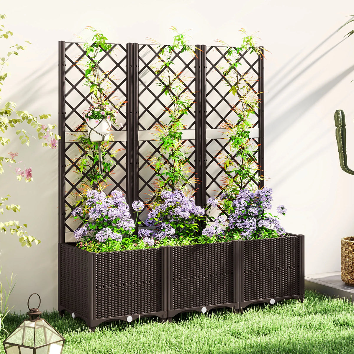 Brown raised garden planter with trellis for climbing plants