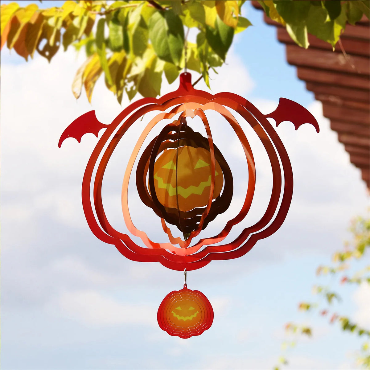 Halloween Pumpkin Wind Spinner, Stainless Steel Hanging Garden Decoration, 33cm