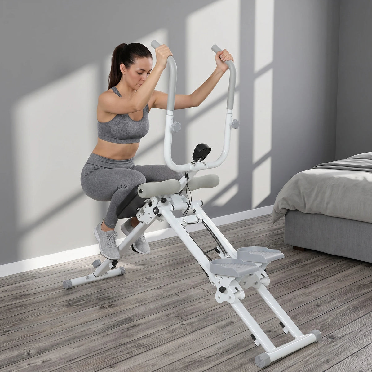 2-in-1 Ab Machine and Stair Stepper with LCD Monitor, Foldable, White