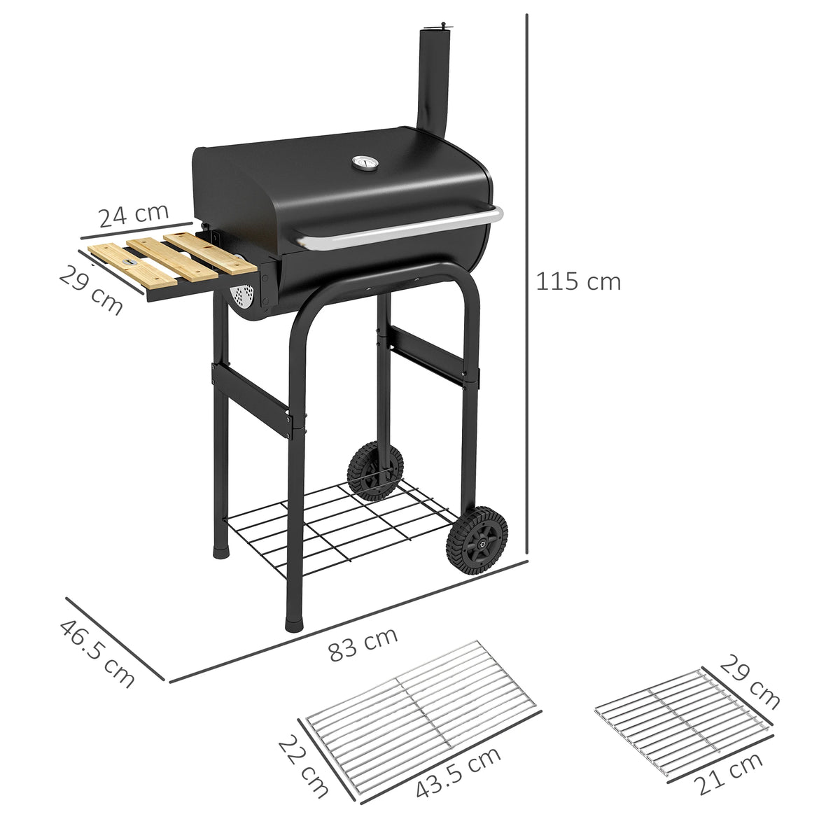 Charcoal BBQ Grill Trolley with Lid Thermometer Adjustable Vents Chimney Side and Bottom Shelves 600C Steel